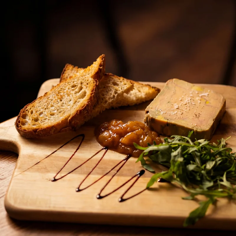 Création gastronomique : foie gras, pain grillé et chutney sur une planche