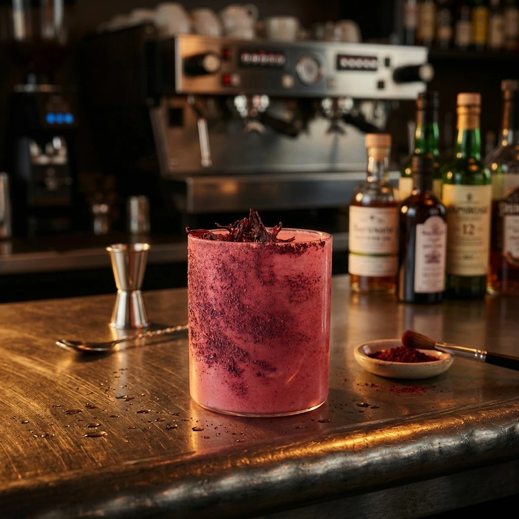 Cocktail rouge texturé sur un comptoir en bois